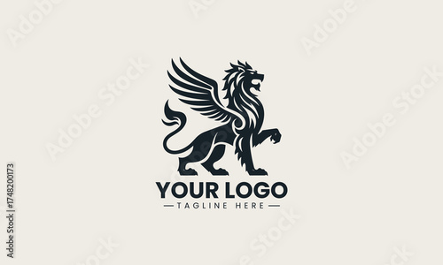 Majestic black vector logo illustration of a powerful winged lion in a heraldic pose for luxury brand symbolism