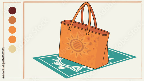 Orange Tote Bag on a Colorful Mat Artistic Graphic Illustration.