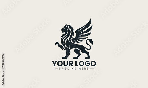 Majestic black vector logo illustration of a powerful winged lion in a heraldic pose for luxury brand symbolism