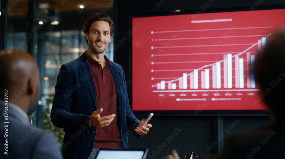 Fototapeta premium a diverse group of business people having a meeting, standing around a table and talking with a female leader or manager in an office conference room or lounge area.
