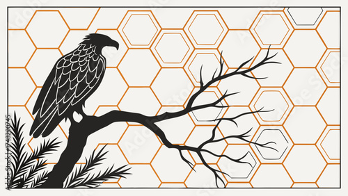 Eagle Silhouette on a Branch Against Honeycomb Pattern Background.