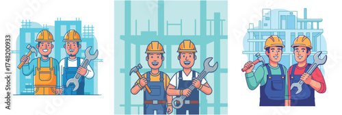 Three illustrations of construction workers wearing hard hats and holding tools in front of buildings.