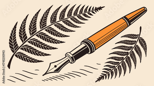 Elegant Fountain Pen and Ferns Illustration.