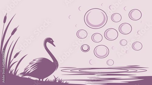 Elegant Illustration of a Swan with Reeds and Bubbles.