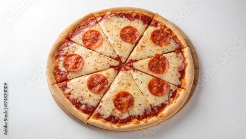 An isolated image of a delicious Italian pepperoni pizza with melted mozzarella cheese, tomato sauce, and crust on a white background