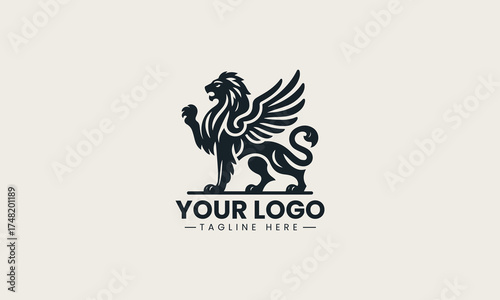 Majestic black vector logo illustration of a powerful winged lion in a heraldic pose for luxury brand symbolism
