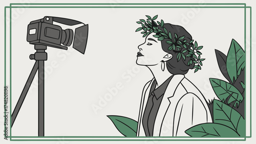 Photographic portrait illustration with a camera and person wearing a green leafy headpiece.