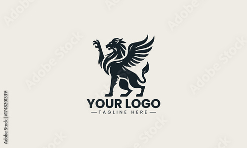 Majestic black vector logo illustration of a powerful winged lion in a heraldic pose for luxury brand symbolism