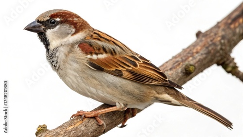 A small female house sparrow is perched on a brown branch, showing its brown and white feathers