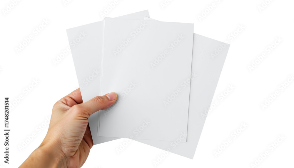 Obraz premium Hand Holding Three Blank Sheets of Paper Minimalist Studio Setting Close-Up Perspective Conceptual Design