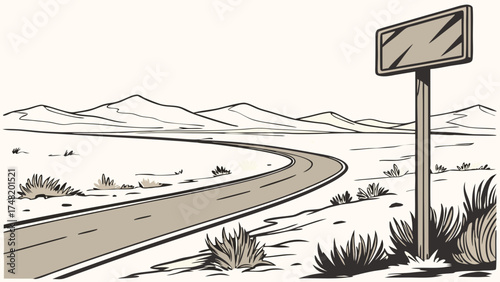 Road through the desert with a sign.
