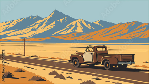 Road Trip Adventure Retro Pickup Truck in a Mountain Landscape.