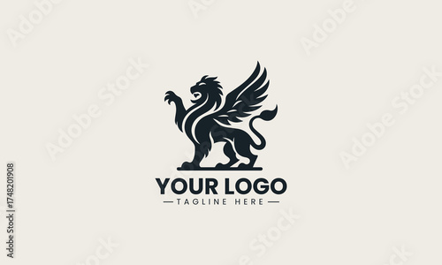 Majestic black vector logo illustration of a powerful winged lion in a heraldic pose for luxury brand symbolism