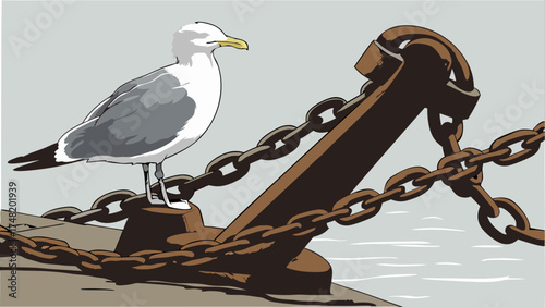 Seagull Perched on an Anchor with Chain Vector Illustration.