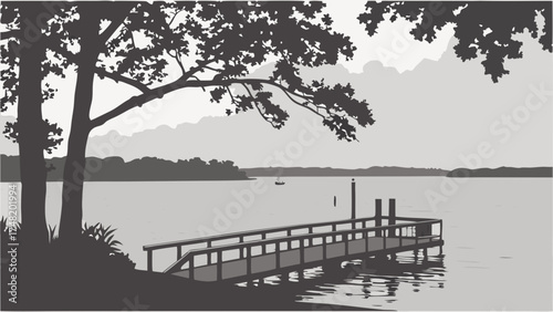 Serene Lakeside Dock Scene in Black and White.
