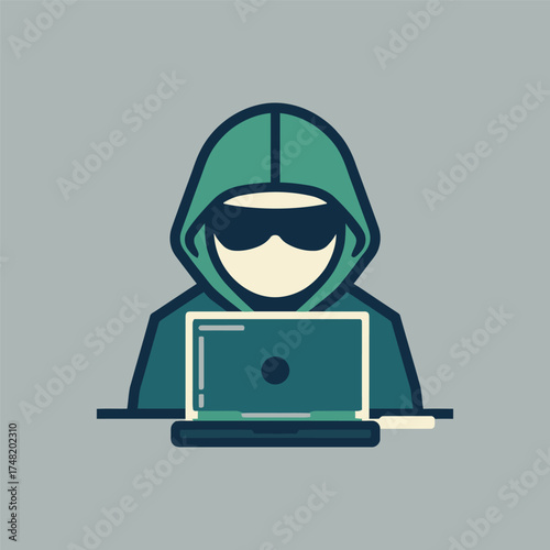 Stylized illustration of an anonymous person in a green hoodie and sunglasses working on a laptop, representing a hacker or programmer.