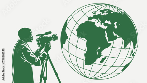 Global Videography Concept Silhouette of a Camera Operator and Globe.