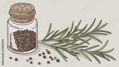 Spice Jar and Herb Illustration.
