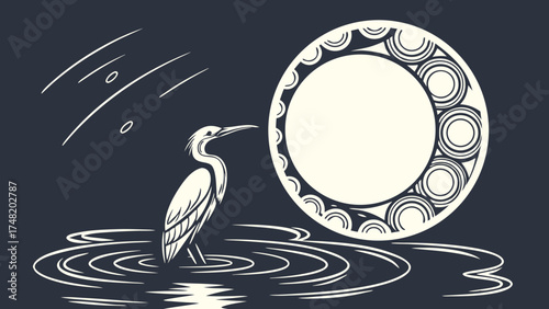Illustration of a Heron Near an Ornamental Shape Minimalist Art.