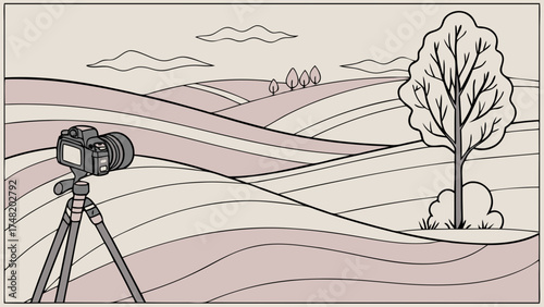 Illustration of a camera on a tripod set up in a hilly landscape.