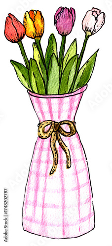 vaso di fiori con fiocco e tulipani multicolore, illustrazione isolata ad acquerello