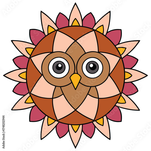 Vector art of stylized owl mandala, a whimsical design featuring a symmetrical owl face surrounded by floral petals in warm earth tones, creating a playful and artistic vibe