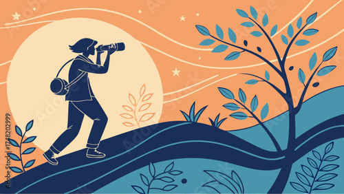 Illustration of a person observing with a device nature and stars.