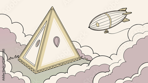 Stylized Pyramid and Airship in the Sky.