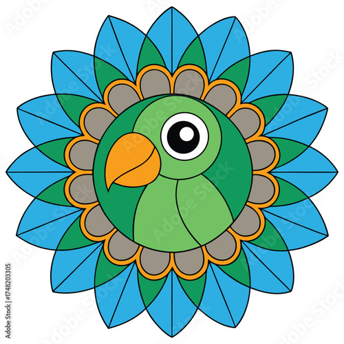 Vector art of colorful parrot cartoon character in a beautiful mandala this vibrant design is perfect for adding a touch of nature to any project
