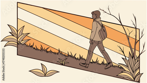 Illustration of a person walking towards sunset travel concept autumn mood.