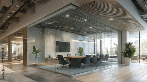 Sleek modern office interior with horizontal ceiling lines glass partitions and dark chairs