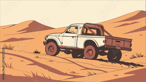 Truck driving in desert illustration.