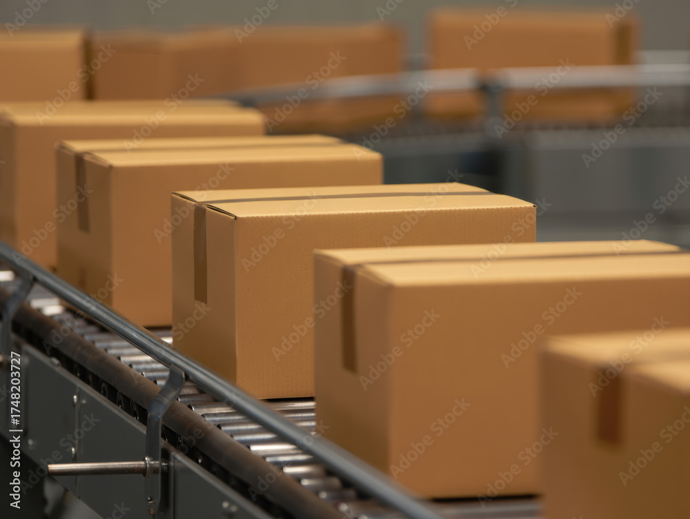 Fototapeta premium Boxes on a conveyor belt moving through a warehouse line