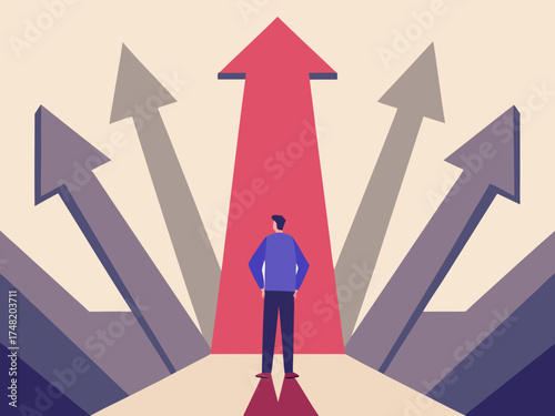 Man standing at a crossroads choosing the right path forward with multiple arrows pointing in different directions