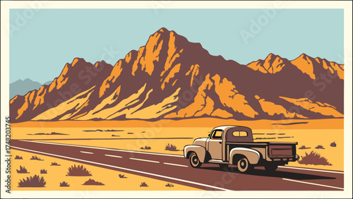 Vintage Pickup Truck Driving Through Desert Landscape Illustration.
