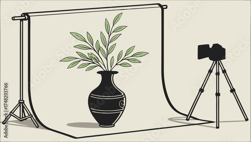 Illustration of a Studio Setup with Vase Leaves and a Camera.