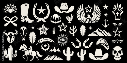 Collection of western and southwestern icons and symbols on a black background