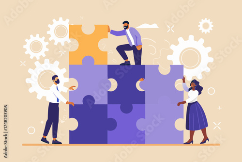 Diverse team of professionals collaborating to solve a complex puzzle symbolizing teamwork and business solutions