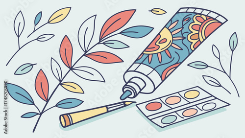 Illustration of Art Supplies and Decorative Floral Elements.
