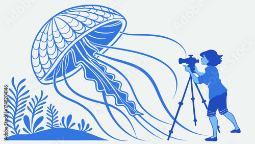 Illustrative Design Photographer Capturing Large Underwater Creature.