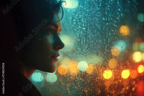 Moody, cinematic photo of a woman's silhouette in the rain at night, looking out a window with colorful city lights creating a beautiful bokeh effect.