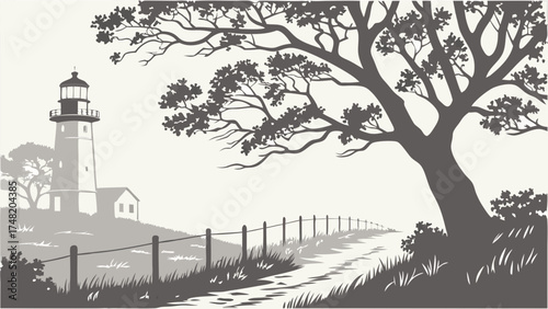 Lighthouse on a Hillside Path with Trees - Monochrome Vector Illustration.