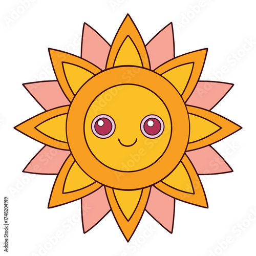 Vector art of a cheerful cartoon sun with a cute face, radiating warmth and happiness, its vibrant colors and playful design evoke a sense of joy and positivity