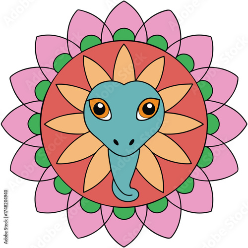 Vector art of an eyecatching mandala featuring a stylized snake head at its center, surrounded by layers of geometric petals in shades of pink, orange, and green