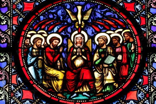 Bayeux cathedral. Stained glass.  The descent of the Holy Spirit upon the Apostles and Virgin Mary. Pentecost. Bayeux.  France.