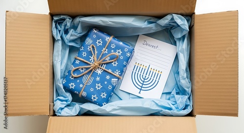 Hanukkah Gift and Card Inside Open Cardboard Box with Blue Tissue Paper present