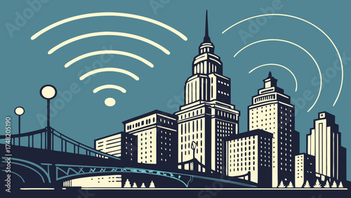 Modern Cityscape with Wi-Fi Signals.