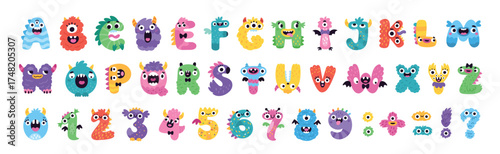 Kids monster font. Funny english alphabet, cute bright letters and numbers, fluffy ugly creations, childish cute abc, cartoon creative animals, nursery decoration garish vector isolated set