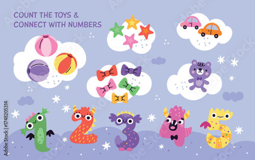 Kids learning numbers game. Count items and toys task, childish playful education, cute funny monster characters, mathematic maze sheet cartoon flat style isolated garish vector concept