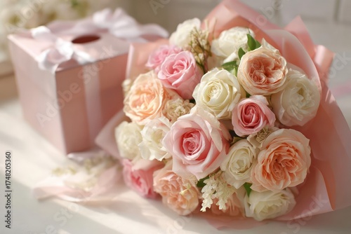 Beautiful bouquet of pastel pink and cream roses with a soft pink gift box and ribbon in soft light